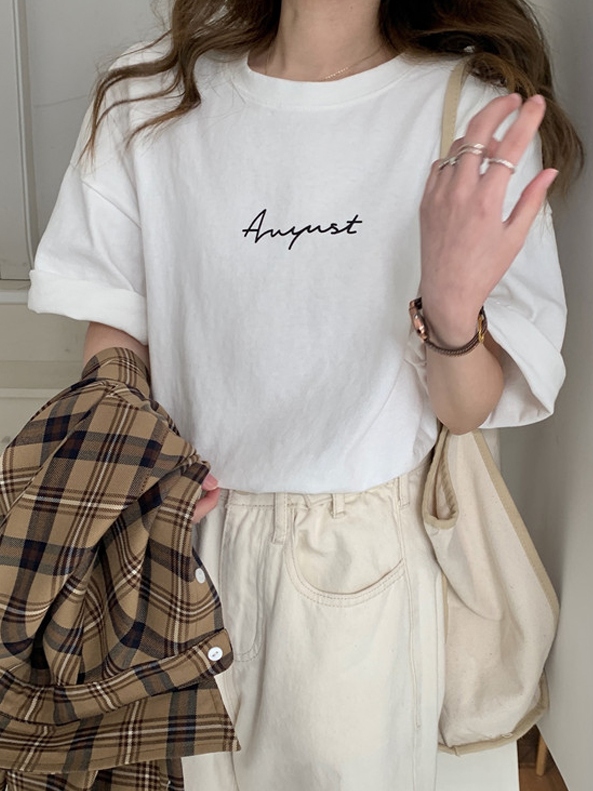 全4色 プルオーバー ロング 半袖 アルファベット Tシャツ