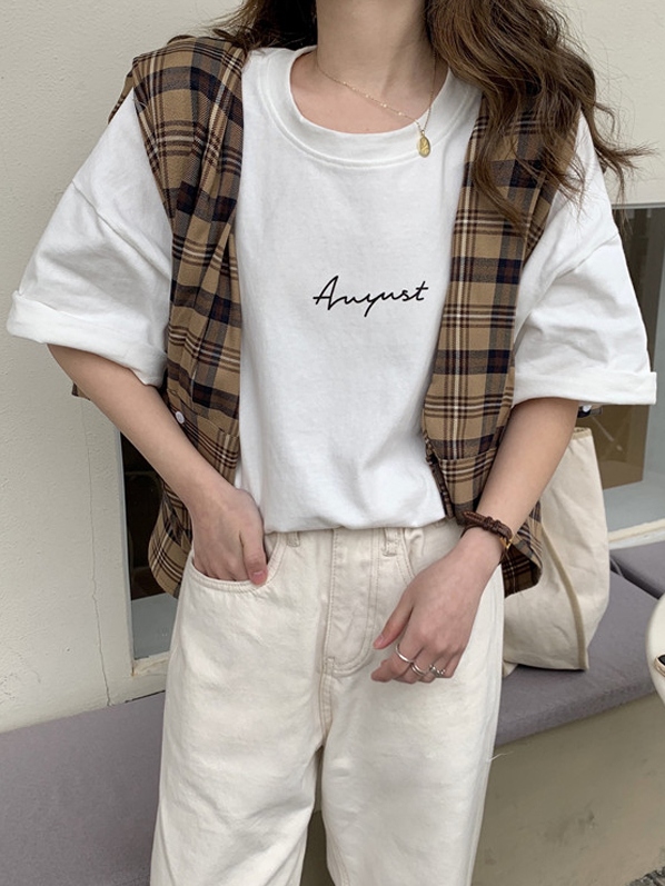 全4色 プルオーバー ロング 半袖 アルファベット Tシャツ