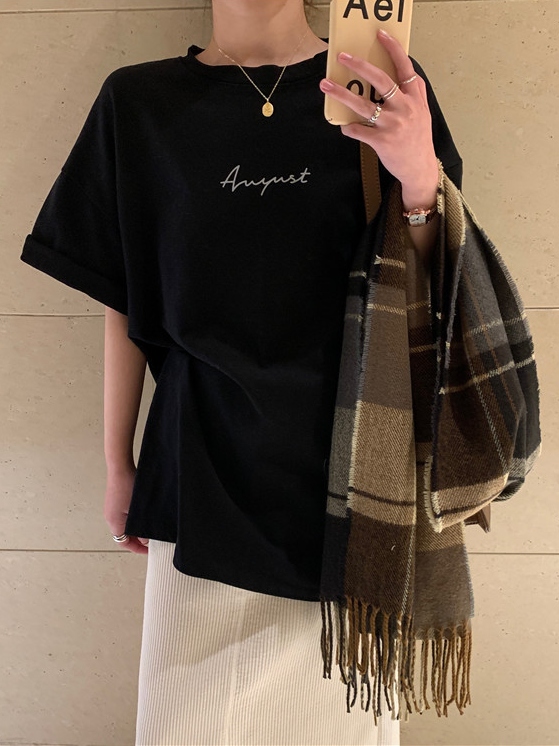 全4色 プルオーバー ロング 半袖 アルファベット Tシャツ