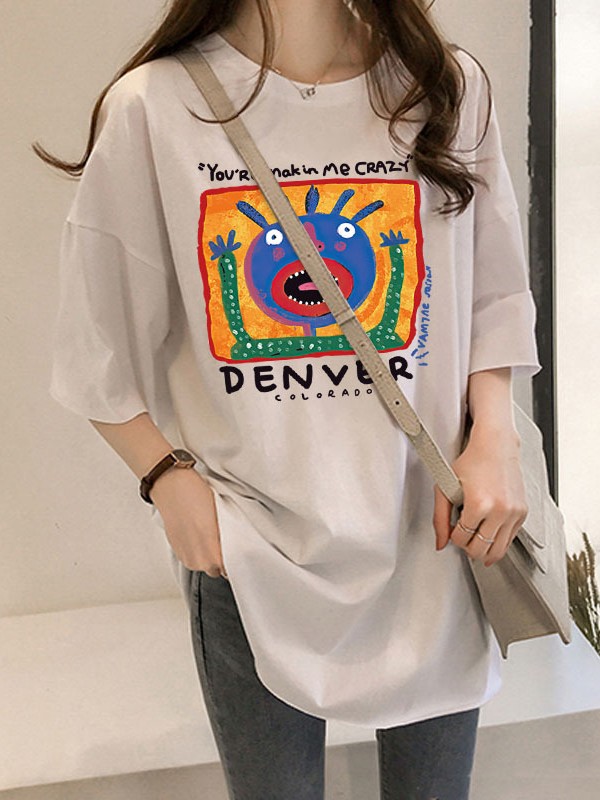 着回し力抜群 シンプル プリント 五分袖 プルオーバー カートゥーン Tシャツ