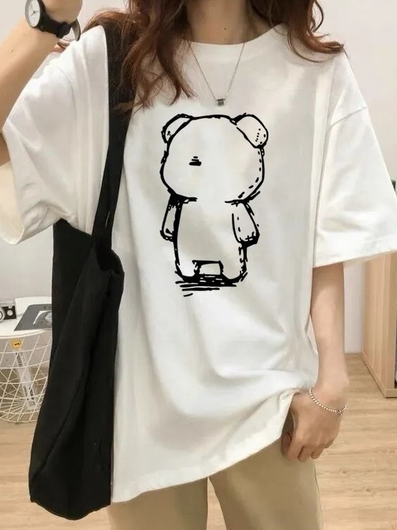 多色展開 カートゥーン プリント ラウンドネック 五分袖 Tシャツ