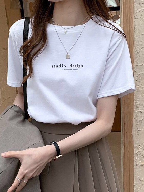 【プリント】シンプル アルファベット 無地 ラウンドネック Tシャツ