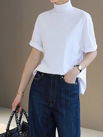 首もとをおしゃれに隠せる ハイネック 半袖 ドロップショルダーゆったり Tシャツ