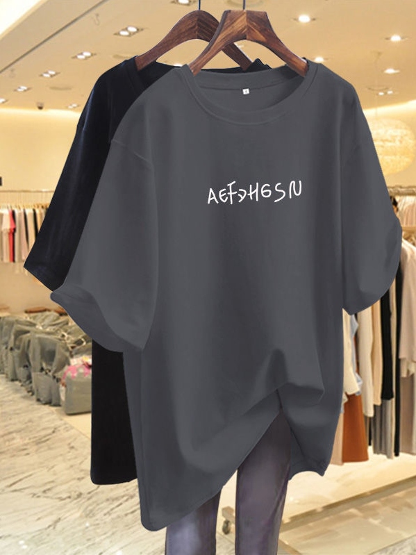 欠かせない アルファベット 伸縮性あり ラウンドネック Tシャツ