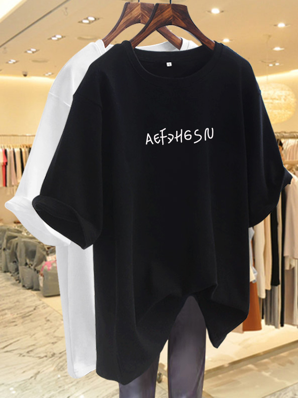 欠かせない アルファベット 伸縮性あり ラウンドネック Tシャツ