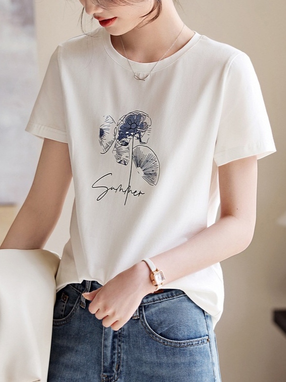 シンプル カジュアル キレカジ  半袖  プリント ラウンドネック Tシャツ