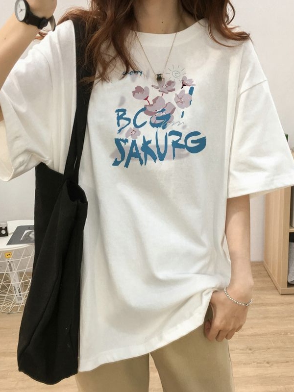 ファッション感満々  花模様 アルファベット ファッション プリント カジュアル 春夏 ラウンドネック 半袖 Tシャツ