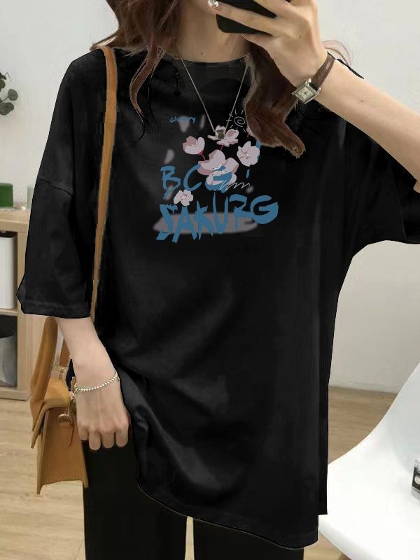 ファッション感満々  花模様 アルファベット ファッション プリント カジュアル 春夏 ラウンドネック 半袖 Tシャツ