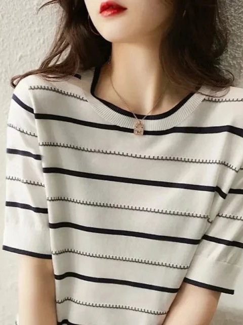 お洒落上級者 フェミニン シンプル ボーダー プルオーバー 半袖 ニット 夏 Tシャツ