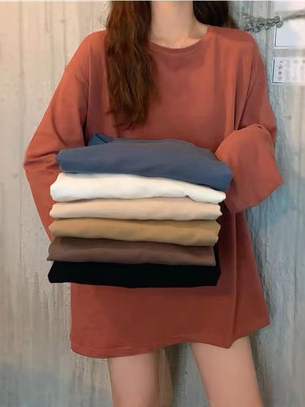 多色 220g 秋冬新作 綿100% 柔らかい 肌に優しい 着痩せ ラウンドネック 無地 長袖 Tシャツ